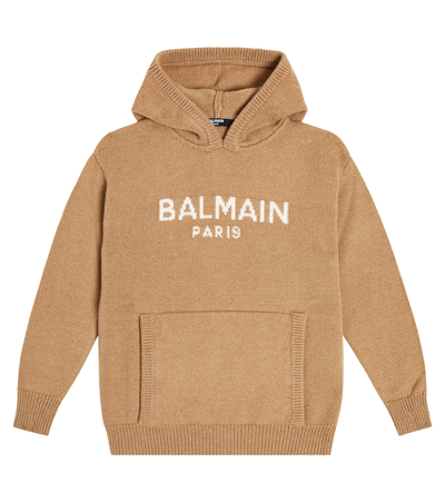 Balmain Kids' Logo嵌花羊毛与羊绒帽衫 In Beige