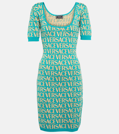 Versace Allover Cotton-blend Minidress In 5v540/turquoise