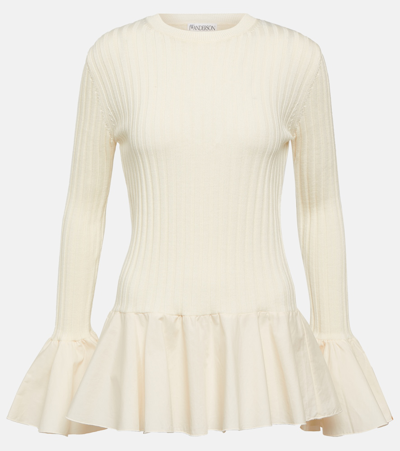 Jw Anderson Ruffled Ribbed-knit Wool Sweater In Ivory