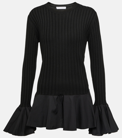 Jw Anderson Ruffled Ribbed-knit Wool Sweater In Black