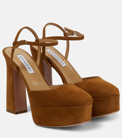 Aquazzura 120mm Groove Plateu Suede Pumps In Brown