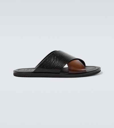 Berluti Sifnos Scritto Leather Sandals In Brown