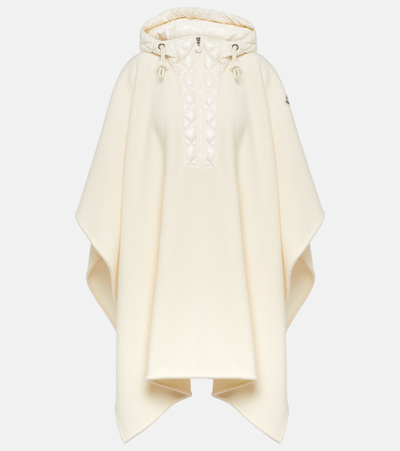 Moncler Hooded Long Wool Cape With Quilted Front In White