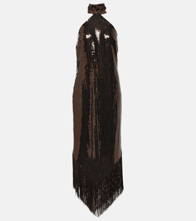 Taller Marmo Nina Fringed Halterneck Crêpe Midi Dress In Brown