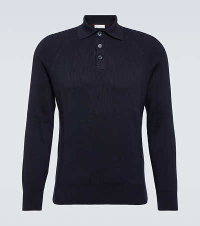 Brunello Cucinelli Ribbed-knit Cotton Polo Sweater In Blue