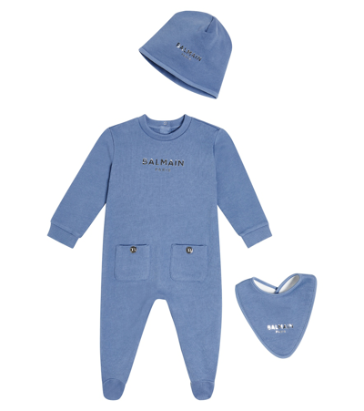 Balmain Baby Cotton Onesie, Beanie And Bib Set In Blue