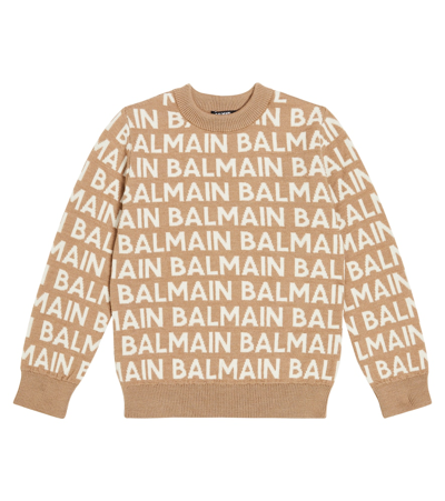 Balmain Kids' Logo Wool Blend Knit Sweater In Brown