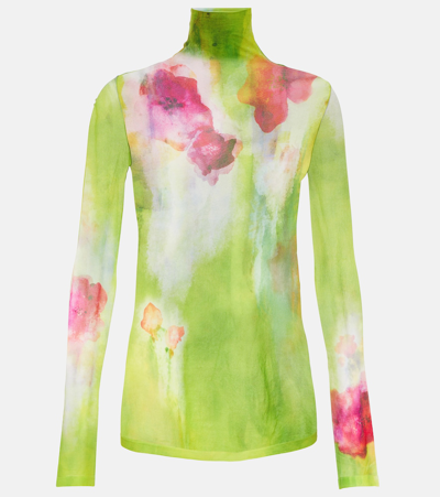 Acne Studios Denise Washed Floral Mesh Funnel Neck Top In Green