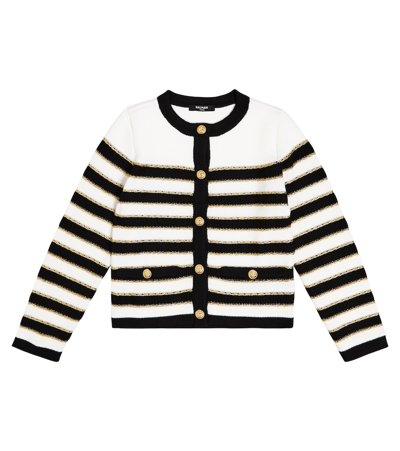 Balmain Kids' 条纹羊毛针织开衫 In Black