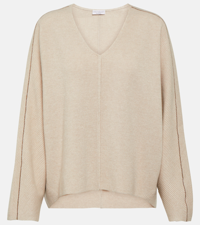 Brunello Cucinelli Wool, Cashmere And Silk Sweater In Beige
