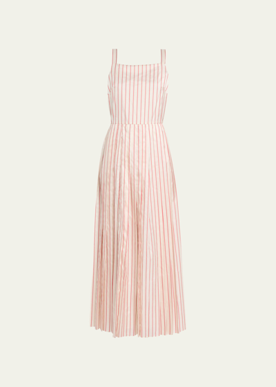 Adam Lippes Medici Striped Maxi Dress With Pleating In Poppy/ivory