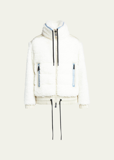 Moncler Zip-up Faux Sherpa Drawstring Puffer Jacket In Natural