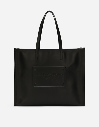 Dolce & Gabbana Calfskin Shopper With Raised Logo In Black