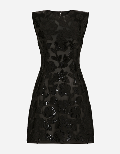 Dolce & Gabbana Short Marquisette Dress With Patent Floral Embellishment In Embroidered