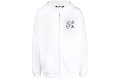 Pre-owned Palm Angels Monogram-embroidered Cotton Hoodie White
