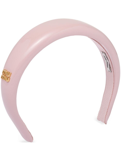 Miu Miu Logo-plaque Leather Headband In Pink