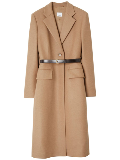 Burberry Single-breasted Belted Coat In Neutrals