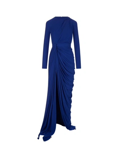 Alexander Mcqueen Cascading Pleats Long-sleeve Gown In Blue