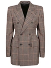 Balenciaga Hourglass Houndstooth Strong Shoulder Double Breasted Wool Blend Blazer In Beige