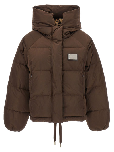 Dolce & Gabbana Logo Plate Down Jacket In Brown_grey_4