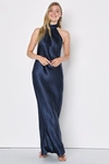 Lulus Love In Your Life Navy Blue Satin Halter Maxi Dress In Navy Blue