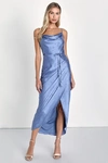 Lulus Sophisticated Sight Periwinkle Satin Jacquard Cowl Midi Dress In Blue