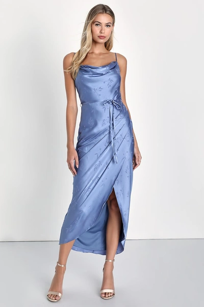 Lulus Sophisticated Sight Periwinkle Satin Jacquard Cowl Midi Dress In Blue