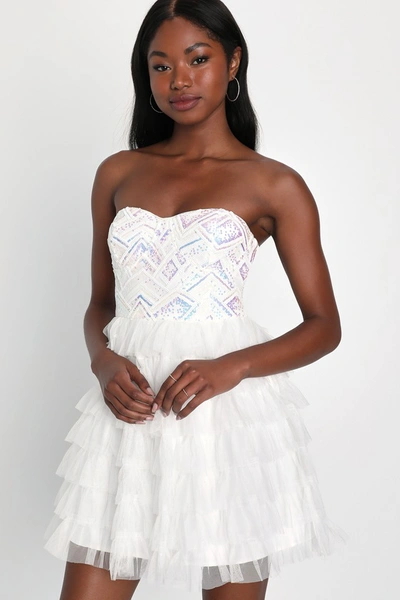 Lulus Exceptional Charm White Tulle Sequin Strapless Mini Dress