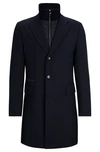 Hugo Boss Water-repellent Wool-blend Coat With Zip-up Inner In Blue