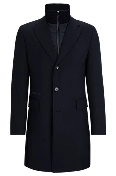 Hugo Boss Water-repellent Wool-blend Coat With Zip-up Inner In Blue
