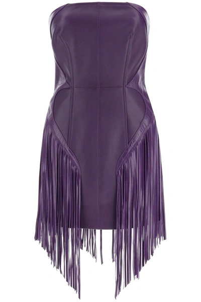 Versace Leather Mini Dress With Fringed Details In Bright Dark Orchid (purple)