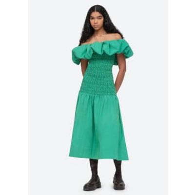 Sea Juni Off-the-shoulder Smocked Cotton Midi Dress In Green