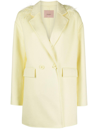 Twinset Feather-trim Wool-blend Double-breasted Coat In Wax Yellow