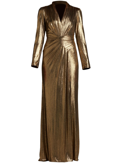 Tadashi Shoji Ruched Metallic Jersey Column Gown In Bronze