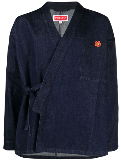 Kenzo Veste Kimono En Denim Boke Flower Crest Homme Rinse Blue In Rinse Blue Denim
