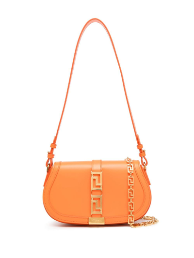 Versace Greca Goddess Leather Shoulder Bag In Orange