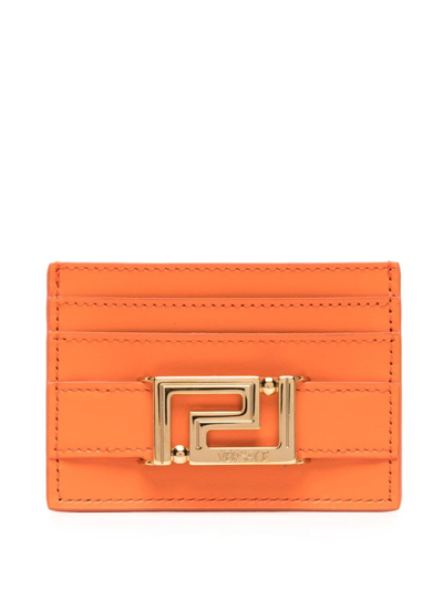 Versace Greca Goddess Leather Cardholder In Orange