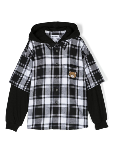 Moschino Kids' Teddy Bear-patch Hooded Check Shirt In White/black