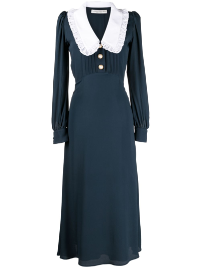 Alessandra Rich Collared Silk-blend Midi Dress In Navy Blue