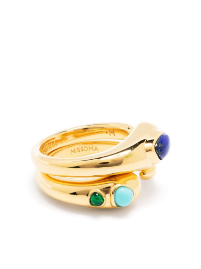 Missoma Molten Gemstone Double Stacking Ring Set 18ct Gold Plated/chalcedony & Turquoise & Lapis Blue/gold