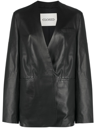 Closed Collarless Single-breasted Leather Blazer In Black