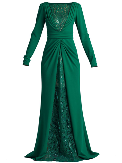Tadashi Shoji Sequin-embellished Draped Gown In Green