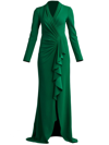 Tadashi Shoji Pleated Long-sleeve Ruffle Crepe Gown In Green