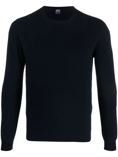 Fedeli Crew-neck Ribbed Cashmere Jumper In Blue