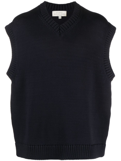 Studio Nicholson V-neck Cotton-blend Knitted Vest In Blue