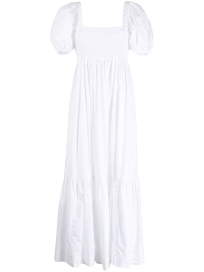 Ganni Smocked Organic Cotton-poplin Midi Dress In Bright White