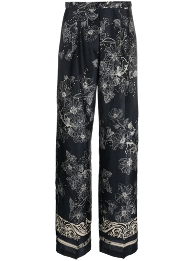 Semicouture Floral-print High-waisted Palazzo Pants In Blue