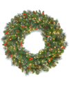 National Tree Company 30in Crestwood Spruce Wreath With Cones, Red Berries, Glitter And 70 Led Light