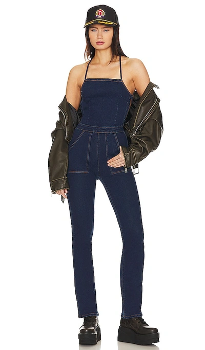 Superdown Macey Denim Jumpsuit In Dark Blue Wash