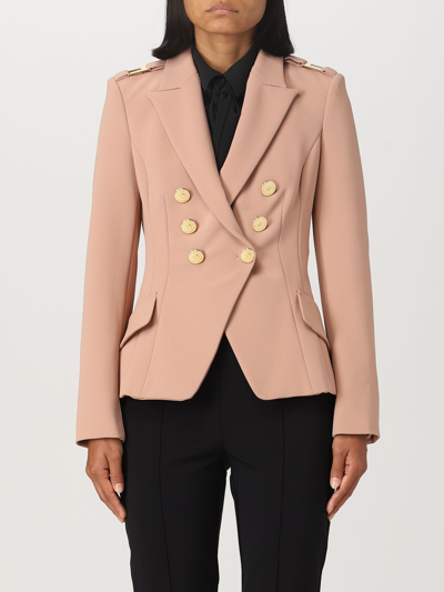 Elisabetta Franchi Nude Double Breasted Blazer With Logo